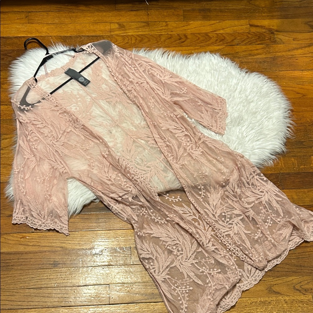 Vince Camuto Lace Kimono Cardigan in Blush Pink
